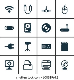 Set Of 16 Computer Hardware Icons. Includes Memory Card, Wireless, Printed Document And Other Symbols. Beautiful Design Elements.