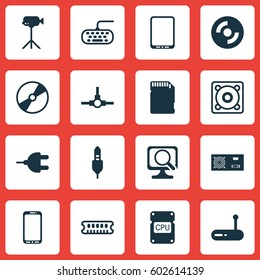 Set Of 16 Computer Hardware Icons. Includes Connector, Cellphone, Camcorder And Other Symbols. Beautiful Design Elements.