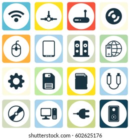 Set Of 16 Computer Hardware Icons. Includes Cd-Rom, Internet Network, Loudspeakers And Other Symbols. Beautiful Design Elements.