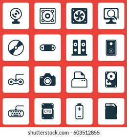 Set Of 16 Computer Hardware Icons. Includes Joystick, Battery, Cd-Rom And Other Symbols. Beautiful Design Elements.