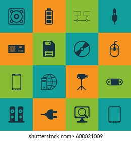 Set Of 16 Computer Hardware Icons. Includes Camcorder, Laptop, Power Generator And Other Symbols. Beautiful Design Elements.
