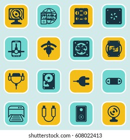 Set Of 16 Computer Hardware Icons. Includes Wireless, Cd-Rom, Connector And Other Symbols. Beautiful Design Elements.