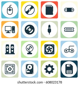 Set Of 16 Computer Hardware Icons. Includes Computer Ventilation, Memory Card, Radio Set And Other Symbols. Beautiful Design Elements.