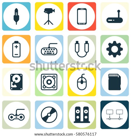 Set Of 16 Computer Hardware Icons. Includes Hdd, Connected Devices, Music And Other Symbols. Beautiful Design Elements.
