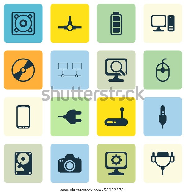 Set Of 16 Computer Hardware Icons. Includes\
Music, Accumulator Sign, Desktop Computer And Other Symbols.\
Beautiful Design Elements.
