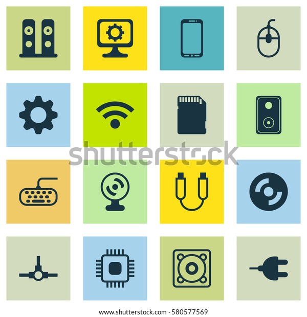 Set Of 16 Computer Hardware Icons. Includes\
Computer Keypad, Wireless, Audio Device And Other Symbols.\
Beautiful Design Elements.