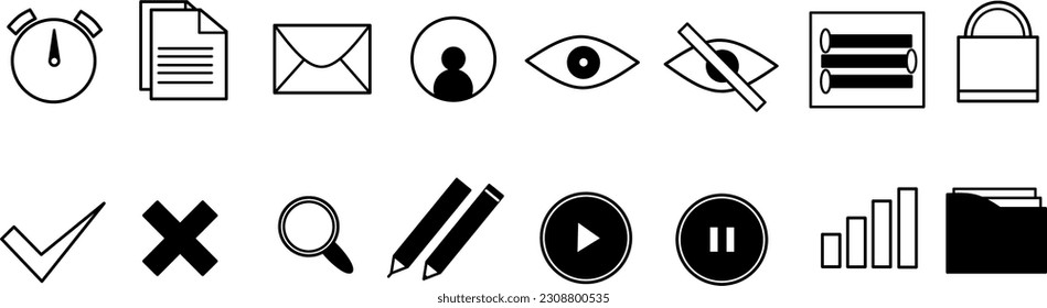 The set of 16 computer icons features sleek and modern designs in black color. Each icon represents a different aspect of computer technology and usage.