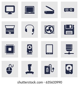 Set Of 16 Computer Icons Set.Collection Of Notebook, Microprocessor, Datacenter And Other Elements.