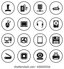 Set Of 16 Computer Icons Set.Collection Of Laptop, Diskette, Fan And Other Elements.