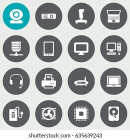 Set Of 16 Computer Icons Set.Collection Of Display, Supply, Palmtop And Other Elements.