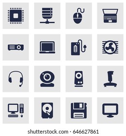 Set Of 16 Computer Icons Set.Collection Of Amplifier, Hard Disk, Record And Other Elements.