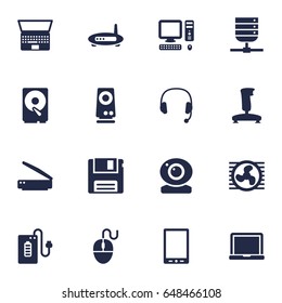 Set Of 16 Computer Icons Set.Collection Of Router, Diskette, Joystick And Other Elements.