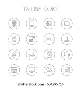 Set Of 16 Computer Outline Icons Set.Collection Of Projector, Gamepad, Headphone And Other Elements.