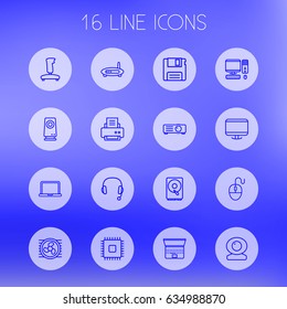 Set Of 16 Computer Outline Icons Set.Collection Of Speaker, Cpu, Printer And Other Elements.