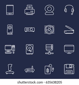 Set Of 16 Computer Outline Icons Set.Collection Of Server, Printer, Monitor And Other Elements.