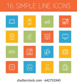 Set Of 16 Computer Outline Icons Set.Collection Of Laptop, Computer Mouse, Gamepad And Other Elements.