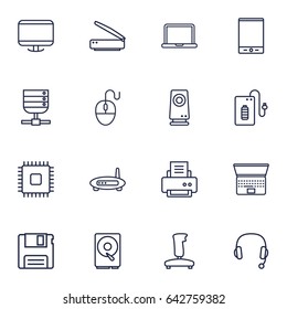 Set Of 16 Computer Outline Icons Set.Collection Of Gamepad, Scanner, Powerbank And Other Elements.