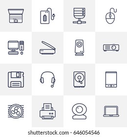 Set Of 16 Computer Outline Icons Set.Collection Of Web Cam, PC, Hdd And Other Elements.