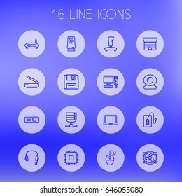 Set Of 16 Computer Outline Icons Set.Collection Of Speaker, Headphone, Gamepad And Other Elements.