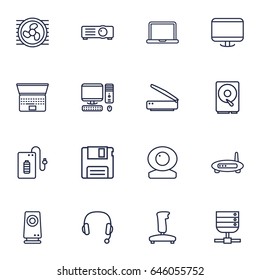 Set Of 16 Computer Outline Icons Set.Collection Of Scanner, Monitor, Floppy And Other Elements.