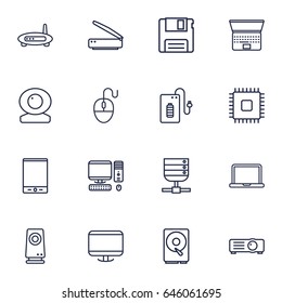 Set Of 16 Computer Outline Icons Set.Collection Of Laptop, Projector, Notebook And Other Elements.