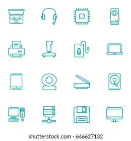 Set Of 16 Computer Outline Icons Set.Collection Of Printer, Web Cam, PC And Other Elements.