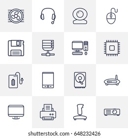 Set Of 16 Computer Outline Icons Set.Collection Of Computer Mouse, PC, Headphone And Other Elements.