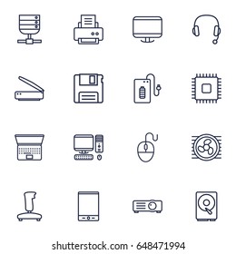 Set Of 16 Computer Outline Icons Set.Collection Of Floppy, Headphone, Cpu And Other Elements.