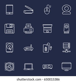 Set Of 16 Computer Outline Icons Set.Collection Of Cooler, Web Cam, Printer And Other Elements.