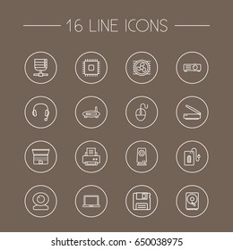 Set Of 16 Computer Outline Icons Set.Collection Of Headphone, Web Cam, Hdd And Other Elements.