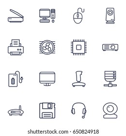 Set Of 16 Computer Outline Icons Set.Collection Of Headphone, Powerbank, Web Cam And Other Elements.