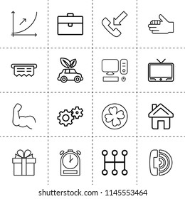 Set of 16 concept outline icons such as case, gear, mechanical transmission, clock, call, incoming call, eco car, computer, increase line graph, predent, clover, muscle