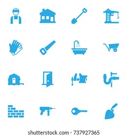Set Of 16 Construction Icons Set.Collection Of Brick Wall, Clamp, Gauntlet And Other Elements.