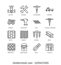 Set Of 16 Construction linear icons such as Toolbox, Plier, Paint bucket, Birck Wall, Beam, Gas pipe, Dumper, Paving, Tiles, editable stroke icon pack, pixel perfect