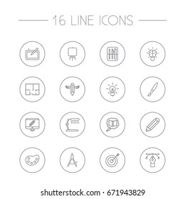 Set Of 16 Constructive Outline Icons Set.Collection Of Paintbrush, Table Lamp, Graphic Tablet And Other Elements.