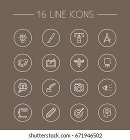Set Of 16 Constructive Outline Icons Set.Collection Of Knowledge, Inkwell With Pen, Pencil And Other Elements.