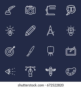Set Of 16 Constructive Outline Icons Set.Collection Of Graphic Tablet, Inkwell With Pen, Table Lamp And Other Elements.