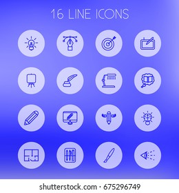 Set Of 16 Constructive Outline Icons Set.Collection Of Graphic Tablet, Inkwell With Pen, Monitor And Other Elements.