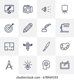 Set Of 16 Constructive Outline Icons Set.Collection Of Inkwell With Pen, Property Plan, Graphic Tablet And Other Elements.