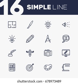Set Of 16 Constructive Outline Icons Set.Collection Of Brain, Target, Inkwell With Pen And Other Elements.