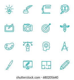 Set Of 16 Constructive Outline Icons Set.Collection Of Inkwell With Pen, Monitor, Graphic Tablet And Other Elements.