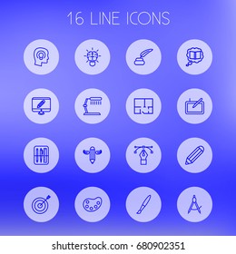 Set Of 16 Constructive Outline Icons Set.Collection Of Inkwell With Pen, Concept, Knowledge And Other Elements.