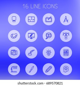 Set Of 16 Constructive Outline Icons Set.Collection Of Brain, Drawing Tools, Pencil And Other Elements.