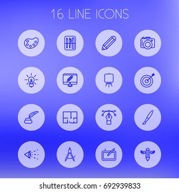 Set Of 16 Constructive Outline Icons Set.Collection Of Inkwell With Pen, Idea, Bezier Curve And Other Elements.