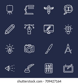 Set Of 16 Constructive Outline Icons Set.Collection Of Writing, Pencil, Inkwell With Pen And Other Elements.