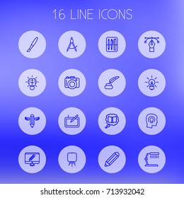 Set Of 16 Constructive Outline Icons Set.Collection Of Idea, Inkwell With Pen, Dividers And Other Elements.