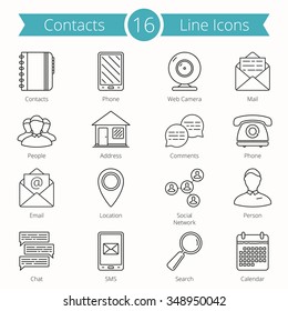 Set of 16 Contacts line icons, vector eps10 illustration