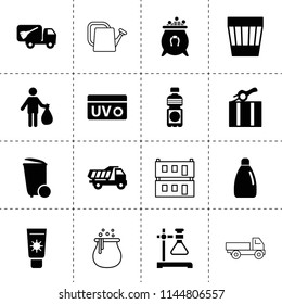 Set of 16 container filled and outline icons such as trash bin, man with garbage, detergent bottle, garbage truck, tipper, cauldron with horseshoe, test tube, packaging