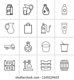 Set of 16 container outline icons such as barrel, jug, bucket, container, larry, modular house, milk, test tube, oxygen, shopping bag, detergent, sunscreen