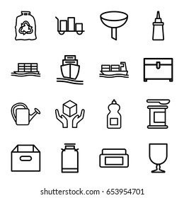 Set of 16 container outline icons such as canister, cream box, cleanser, trash bag, chest, watering can, fragile cargo, handle with care